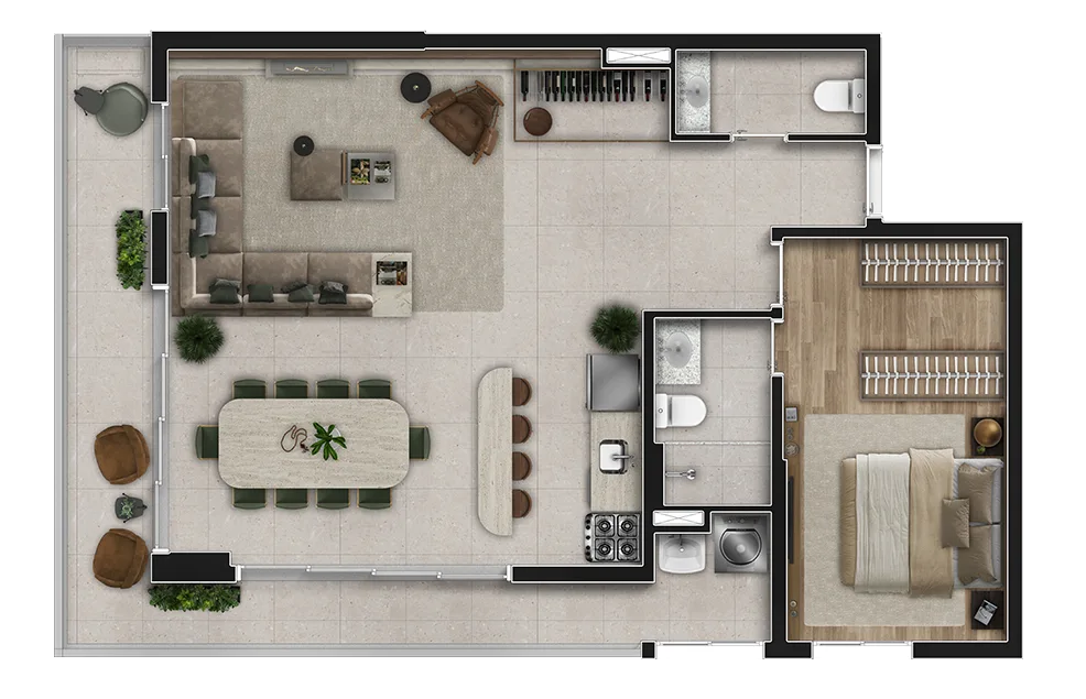 Planta humanizada do apartamento de 1 suíte com 84 m² — Vitra Alphaville