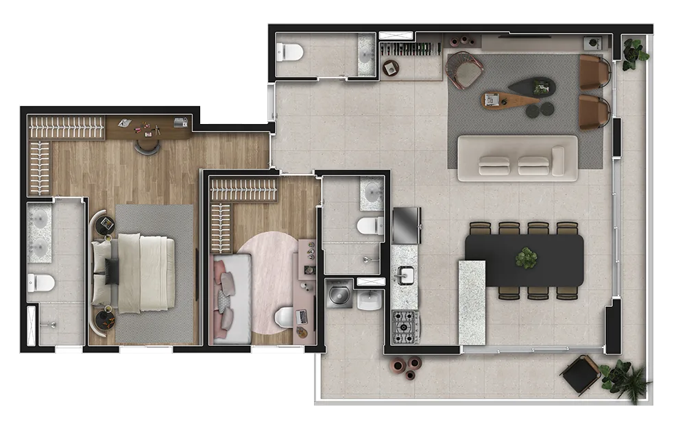 Planta humanizada do apartamento de 2 suítes com 107 m² — Vitra Alphaville